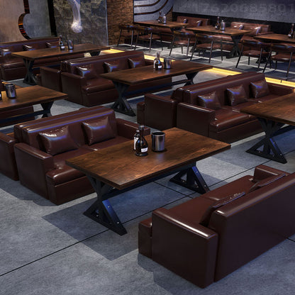 Industrial Style Bar Booth Sofa, Coffee Shop Slate Leather Table and Chair Set